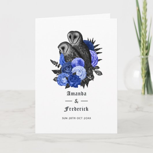Royal Blue Floral Owls Gothic Wedding Programm (Vorderseite)