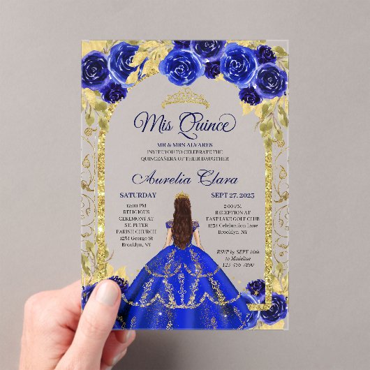 Royal Blue Floral Princess Gold Arch Quinceanera Acryleinladungen (Insitu (Handheld))