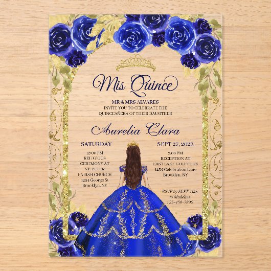 Royal Blue Floral Princess Gold Arch Quinceanera Acryleinladungen (Vorderseite)