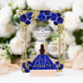 Royal Blue Floral Princess Gold Arch Quinceanera Acryleinladungen