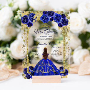 Royal Blue Floral Princess Gold Arch Quinceanera Acryleinladungen