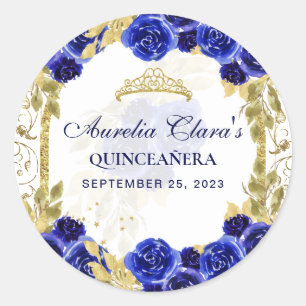 Royal Blue Floral Princess Gold Arch Quinceanera Runder Aufkleber