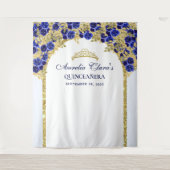 Royal Blue Floral Princess Gold Arch Quinceanera Wandteppich (Vorderseite)