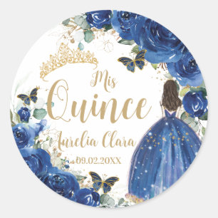 Royal Blue Floral Princess Gold Quinceañera Quince Runder Aufkleber