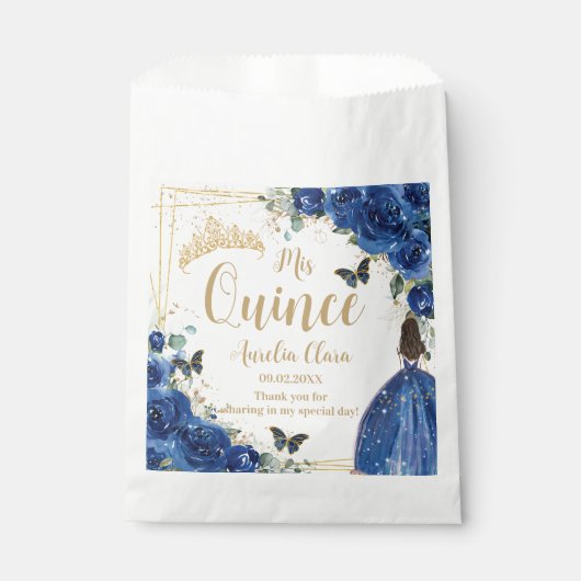 Royal Blue Floral Princess Gold Quinceñera 16 15 Geschenktütchen (Vorderseite)