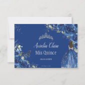 Royal Blue Floral Princess Gown Silver Quinceañera RSVP Karte (Rückseite)