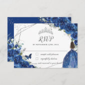 Royal Blue Floral Princess Gown Silver Quinceañera RSVP Karte (Vorne/Hinten)