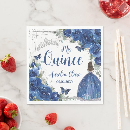 Royal Blue Floral Princess Silver Quinceañera Serviette (Beispiel)