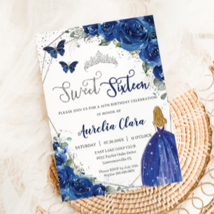 Royal Blue Floral Princess Sweet 16 Geburtstag Einladung