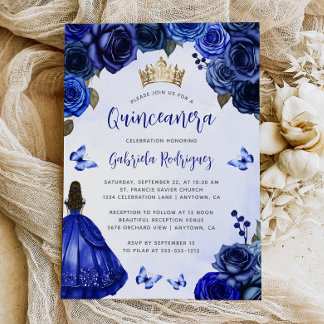 Royal Blue Floral Princess Watercolor Quinceañera Einladung
