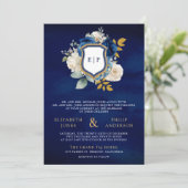 Royal Blue Floral QR Code Foto Wappen Wedding Einladung (Stehend Vorderseite)