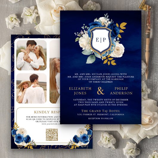 Royal Blue Floral QR Code Foto Wappen Wedding Einladung