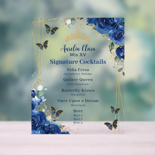 Royal Blue Floral Quinceanera Bar Drink Menü Acrylschild (Neutral)