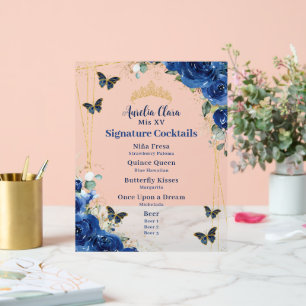 Royal Blue Floral Quinceanera Bar Drink Menü Acrylschild