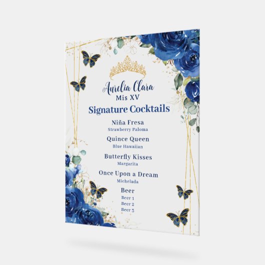 Royal Blue Floral Quinceanera Bar Drink Menü Acrylschild (Winkel)