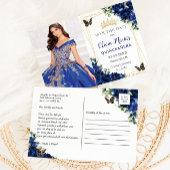 Royal Blue Floral Quinceañera Butterflies Picture Ankündigungspostkarte