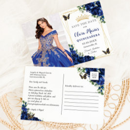 Royal Blue Floral Quinceañera Butterflies Picture Ankündigungspostkarte