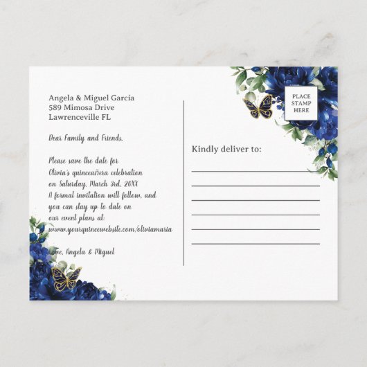 Royal Blue Floral Quinceañera Butterflies Picture Ankündigungspostkarte (Rückseite)