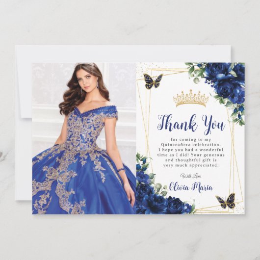 Royal Blue Floral Quinceañera Butterflies Picture Dankeskarte (Vorderseite)