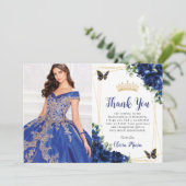 Royal Blue Floral Quinceañera Butterflies Picture Dankeskarte (Stehend Vorderseite)