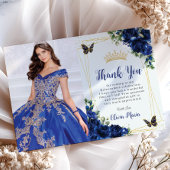 Royal Blue Floral Quinceañera Butterflies Picture Dankeskarte