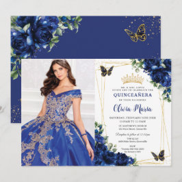 Royal Blue Floral Quinceañera Butterflies Picture Einladung