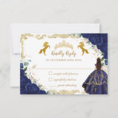 Royal Blue Floral Quinceañera Charro Gold Pferde RSVP Karte (Vorderseite)
