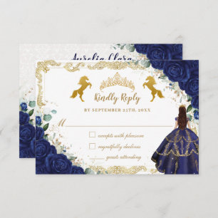 Royal Blue Floral Quinceañera Charro Gold Pferde  RSVP Karte