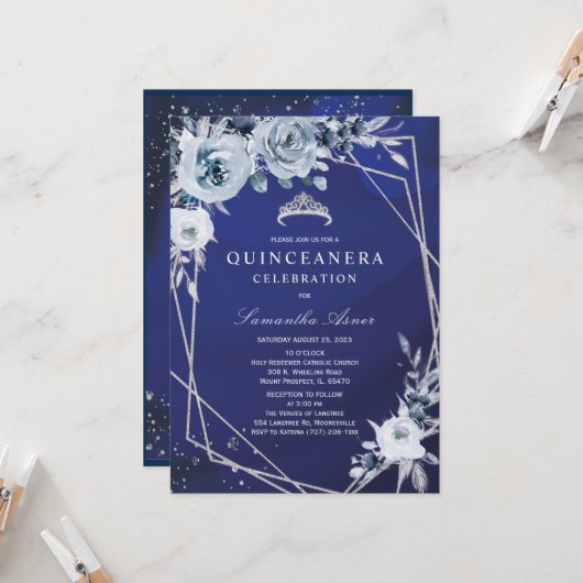 Royal Blue Floral Quinceañera Einladung (Vorderseite/Rückseite Beispiel)