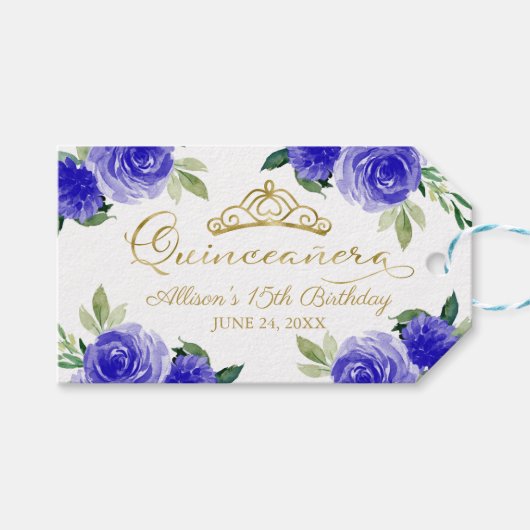Royal Blue Floral Quinceanera Geschenkanhänger (Vorderseite (Horizontal))