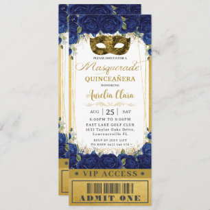 Royal Blue Floral Quinceañera Masquerade Ticket Einladung