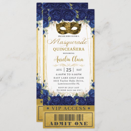 Royal Blue Floral Quinceañera Masquerade Ticket Einladung (Vorne/Hinten)