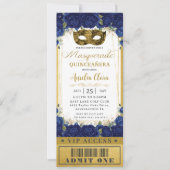 Royal Blue Floral Quinceañera Masquerade Ticket Einladung (Vorderseite)