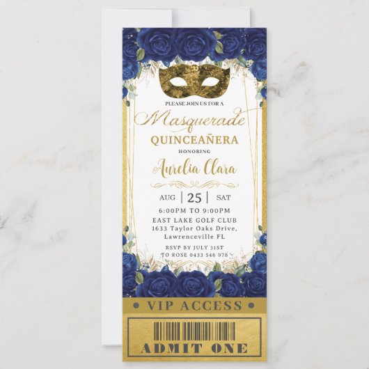 Royal Blue Floral Quinceañera Masquerade Ticket Einladung (Vorderseite)