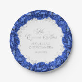 Royal Blue Floral Quinceanera Pappteller (Vorderseite)