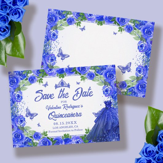 Royal Blue Floral Quinceanera Save the Date