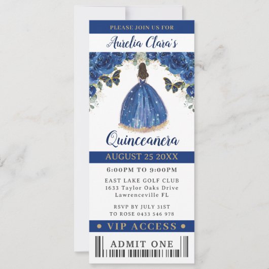 Royal Blue Floral Quinceañera Sweet 16 VIP Ticket Einladung (Vorderseite)