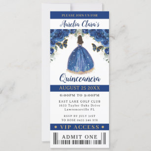 Royal Blue Floral Quinceañera Sweet 16 VIP Ticket Einladung