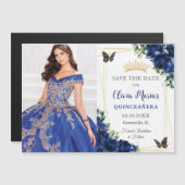 Royal Blue Floral Quinceñera Foto Save the Date Magneteinladung (Vorne/Hinten)