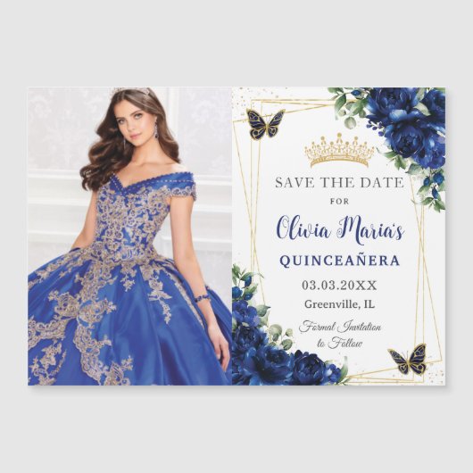 Royal Blue Floral Quinceñera Foto Save the Date Magneteinladung (Vorderseite)
