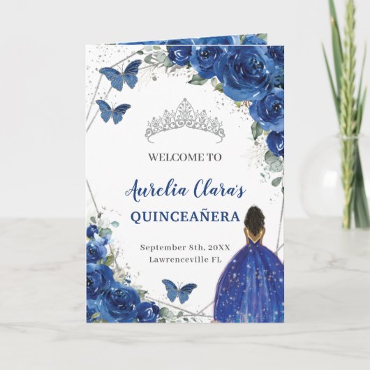 Royal Blue Floral Quinceñera Orden der Veranstaltu Programm (Vorderseite)