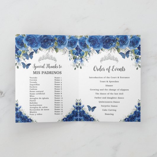 Royal Blue Floral Quinceñera Orden of Events Prog Programm (Innenseite)