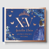 Royal Blue Floral Quinceñera Quince 15 Rose Gold Gästebuch (Vorderseite)