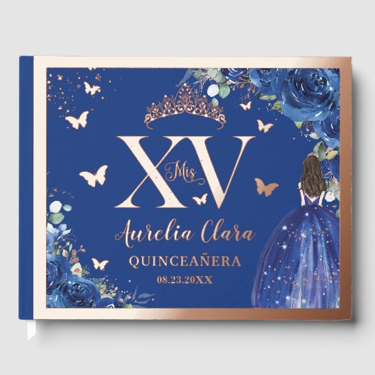 Royal Blue Floral Quinceñera Quince 15 Rose Gold Gästebuch (Vorderseite)