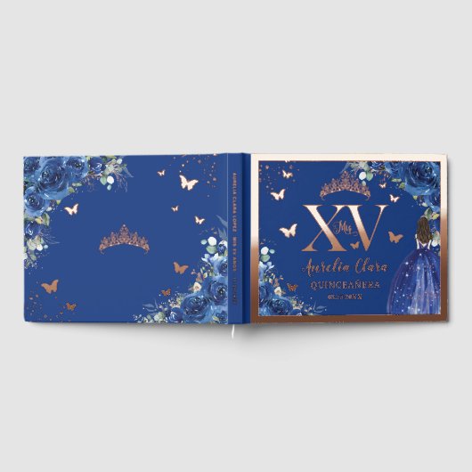Royal Blue Floral Quinceñera Quince 15 Rose Gold Gästebuch (Voll)