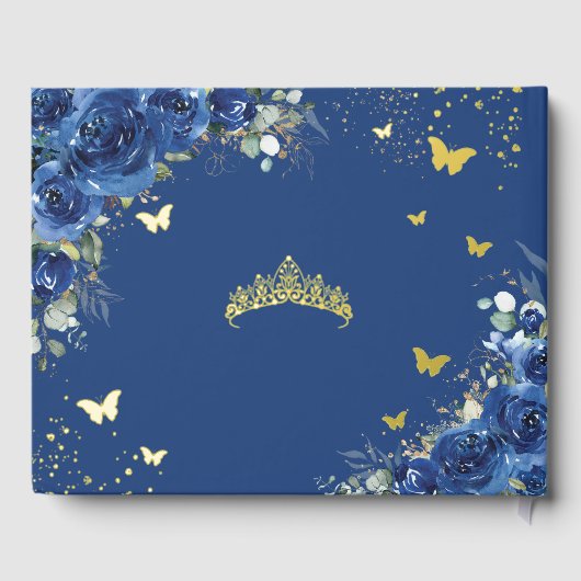 Royal Blue Floral Quinceñera Quince 15 XV Gold Gästebuch (Rückseite)