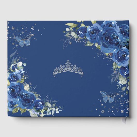 Royal Blue Floral Rose Brown Princess Birthday Gästebuch (Rückseite)