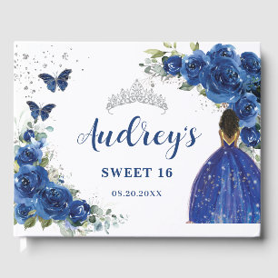 Royal Blue Floral Rose Brown Princess Birthday Gästebuch