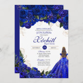 Royal Blue Floral Rose Elegante Quinceñera Einladung (Vorne/Hinten)