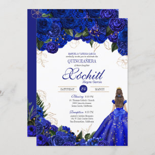 Royal Blue Floral Rose Elegante Quinceñera Einladung